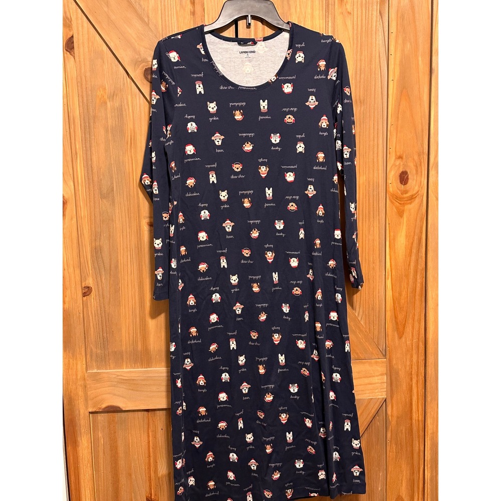 Lands End Navy Holiday Dog Print Supima Cotton Nightgown Long Sleeve Midi Dress